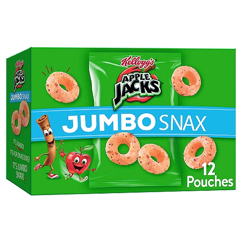 Make everyday moments more fun with your favorite cereal, now jumbo-sized and packaged perfectly for snacking anytime, anywhere
The entire family will love the jumbo-sized wholesome grain Os and the delicious flavor of apples and cinnamon
A tasty, wholesome cereal snack that contains no high fructose corn syrup
Now jumbo-sized, your favorite cereal brand is packaged perfectly for on-the-go snacking. This convenient multi-pack 5.4oz box includes 12 pouches of Kellogg's Apple Jacks Jumbo Snax, which makes it easy to enjoy these jumbo multigrain Os and the delicious flavor of apples and cinnamon anytime, anywhere. Jumbo Snax are perfect for lunchboxes, a mid-morning pick-me-up, or after school snacks. Pack a pouch in your backpack or gym bag to enjoy after practice or sporting events. Take with you in the car for the perfect road-ready snack. Wherever life takes you, Jumbo Snax pouches are made for busy, on-the-go moments. More than just convenient, Apple Jacks Jumbo Snax is made with the goodness of wholesome grains and no high fructose corn syrup; it's a crunchy, sweet treat you can feel great about.