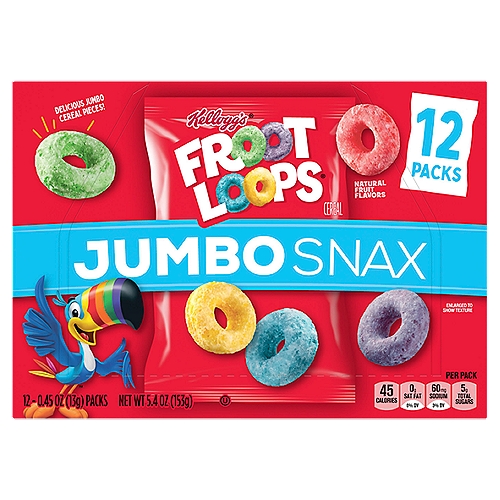Kellogg's Froot Loops Jumbo Snax Cereal Jumbo Size, 0.45 oz, 12 count
Now jumbo-sized, your favorite fruity cereal brand is packaged perfectly for on-the-go snacking. This convenient multi-pack 5.4oz box includes 12 pouches of Kellogg's Froot Loops Jumbo Snax, which makes it easy to enjoy these jumbo cereal bites and the naturally fruit-flavored taste anytime, anywhere. Jumbo Snax are perfect for lunchboxes, a mid-morning pick-me-up, or after school snacks. Pack a pouch in your backpack or gym bag to enjoy after practice or sporting events. Take with you in the car for the perfect road-ready snack. Wherever life takes you, Jumbo Snax pouches are made for busy, on-the-go moments. More than just convenient, Froot Loops Jumbo Snax is made with the goodness of wholesome grains and no high fructose corn syrup; it's a crunchy, sweet treat you can feel great about.