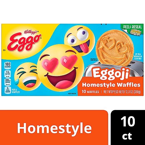 • Bring home breakfast time fun with Eggoji Homestyle Frozen Waffles
• Toast up crisp, golden, and fluffy; Made with delicious ingredients for an irresistible homemade taste
• Good source of 9 vitamins and minerals; No artificial colors or flavors; Kosher dairy

Make a delicious statement at the breakfast table with Kellogg's Eggo Eggoji Homestyle Frozen Waffles. Includes one, 12.3-ounce box containing 10 fun Eggoji Homestyle Waffles that let you express yourself with up to six different character designs. Each Eggoji waffle delivers the crispy texture, fluffy goodness, and homemade taste that adults and kids love. Just put ‘em in the toaster for a quick and warm breakfast. A good source of 9 vitamins and mineral with no artificial colors or flavors; They're ideal for even your busiest mornings or for an after-school treat. Enjoy them on their own or dress them up with your favorite toppings from butter and syrup to chocolate chips, whipped cream, and sprinkles. This family-favorite is sure to bring smiles and good times to your morning. So tempting and tasty, you just can't L'Eggo.