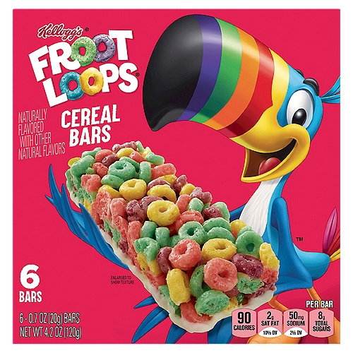 Kellogg's Froot Loops Breakfast Cereal Bars, Fruit Flavored, Original, 4.2oz Box, 6 Ct
Take the fruity taste that the whole family loves on the go with Kellogg's Froot Loops cereal bars. Based on the popularity of our Froot Loops cereal, we've packed our vibrant, colorful, crunchy loops into the convenient shape of a perfectly portable bar. These tasty cereal bars make a great breakfast item that kids can enjoy when they are craving Kellogg's Froot Loops, but don't have time to sit down with a bowl. Pack one to eat in the car or on the bus on the way to school. Perfect as a handheld lunch box or classroom snack. They're ideal treats to hand out to the team after sports games and practice. You'll want to stock up and keep a box of Kellogg's Froot Loops cereal bars for yourself and still have some to share.