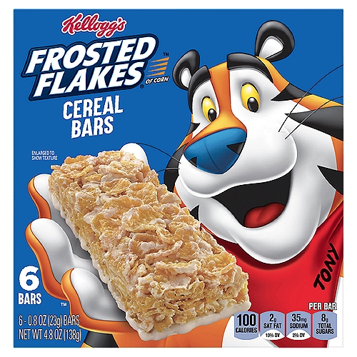Kellogg's Frosted Flakes of Corn Cereal Bars, 0.8 oz, 6 count
Take the great taste that you and Tony the Tiger love on the go with Kellogg's Frosted Flakes cereal bars. Based on the popularity of our Original cereal, we've packed our golden corn flakes and a sparkle of sweet frosting into the convenient shape of a perfectly portable bar. These tasty cereal bars make a GR-R-REAT breakfast item that kids can enjoy when they are craving Kellogg's Frosted Flakes, but don't have time to sit down with a bowl. Pack one to eat in the car or on the bus on the way to school. Perfect as a handheld lunch box or classroom snack. They're ideal treats to hand out to the team after sports games and practice. You'll want to stock up and keep a box of Kellogg's Frosted Flakes cereal bars for yourself and still have some to share.