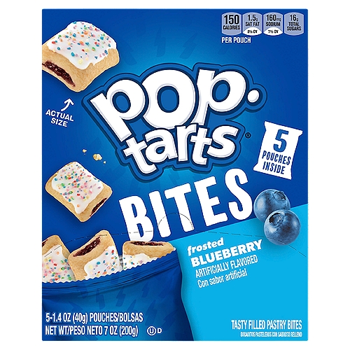Pop-Tarts Bites Toaster Pastry Bites Frosted Blueberry Tasty Filled Pastry Bites 5 Count - 7 Oz
Start your day with a sweet boost from Pop-Tarts Bites Frosted Blueberry— the same Pop-Tarts flavor you know and love, bite-sized. Conveniently packaged in portable pouches, these bites are perfect for on-the-go snacking. Go ahead and enjoy the classic taste of Pop-Tarts any time, any where — no toaster needed. Savor the satisfying flavor of blueberry filling topped with delicious frosting and crunchy sprinkles. A quick and tasty snack for the whole family, Pop-Tarts Bites are an ideal companion for lunchboxes, after-school snacks, and busy, on-the-go moments. The versatile deliciousness of Pop-Tarts Bites fits into your lifestyle just about anywhere there's time for a snack. Store them in your desk drawer for a pick-me-up at the office, keep them on hand in your pantry for a sweet after-dinner treat, or even bring some in the car for a satisfying snack on the road. These Pop-Tarts Bites also make welcome additions to care packages, goodie bags, and gift baskets—a pleasant surprise friends and family will be delighted to open. Just pop open the pouch and enjoy the taste of Pop-Tarts Bites Frosted Blueberry wherever you go.