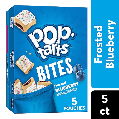 • Bite-sized Pop-Tarts pastries ﬁlled with the delicious ﬂavor of blueberry ﬁlling topped with sweet frosting and crunchy sprinkles
• A mini take on your favorite Pop-Tarts Toaster Pastries; Great for breakfast and snacking on-the-go
• Contains wheat and soy ingredients

Start your day with a sweet boost from Pop-Tarts Bites Frosted Blueberry, the same Pop-Tarts ﬂavor you know and love, bite-sized. Includes one, 7-ounce box containing five bags of Frosted Blueberry Pop-Tarts Bites. Conveniently packaged in portable pouches, these bites are perfect for on-the-go snacking. Go ahead and enjoy the classic taste of Pop-Tarts pastries anytime, anywhere; no toaster needed. Savor the satisfying ﬂavor of strawberry ﬁlling topped with delicious frosting and crunchy sprinkles. A quick and tasty snack for the whole family, Pop-Tarts Bites are an ideal companion for lunchboxes, after-school snacks, and busy, on-the-go moments. Store them in your desk drawer for a pick-me-up at the oﬃce, keep them in your pantry for a sweet after-dinner treat, or even bring some in the car for a snack on the road. These Pop-Tarts Bites also make welcome additions to care packages and gift baskets; a pleasant surprise friends and family will be delighted to open. Just pop open the pouch and enjoy the taste of Pop-Tarts Bites Frosted Blueberry wherever you go.