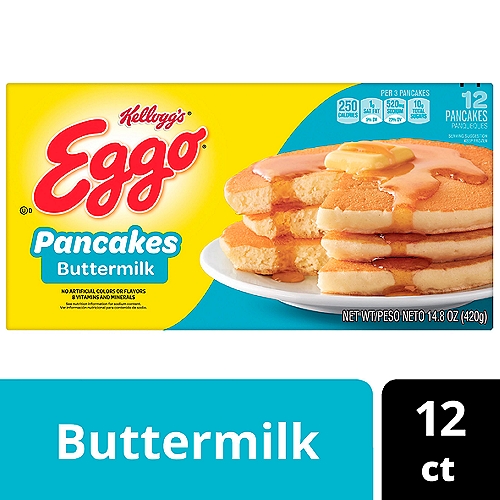 • The delicious taste of your favorite Eggo pancakes made with buttermilk for a classic flavor at breakfast or anytime
• Soft, golden, and fluffy, our pancakes are made with delicious ingredients for an irresistible homemade taste
• Good source of eight vitamins and minerals; No artificial colors or flavors; Kosher Dairy; Contains wheat, milk, egg, and soy ingredients

Wake up and greet the day with the feel-good taste of Eggo Buttermilk Pancakes. These delicious pancakes pair beautifully with your favorite breakfast sides year-round. Pop these frozen pancakes in the microwave or oven for a soft, fluffy texture and the familiar, inviting flavor of homemade pancakes. They are made with no artificial colors and flavors, and they provide a good source of eight vitamins and minerals (see nutrition information for sodium content); Conveniently packaged and easy to prepare, Eggo Pancakes help bring warmth and smiles to fast-paced, busy mornings. Great for families and individuals alike, these delicious pancakes are made to enjoy as a stand-alone breakfast treat or with your favorite morning toppings such as butter and syrup, jellies and preserves, and whipped cream. So delicious you can't just L'Eggo!