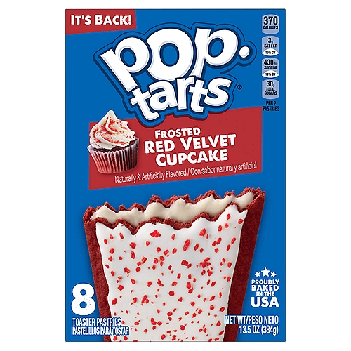 Pop-Tarts Frosted Red Velvet Cupcake Toaster Pastries, 8 count, 13.5 oz
Treat everyone in your home to the bakery-inspired taste of Pop-Tarts Frosted Red Velvet Cupcake Toaster Pastries. Every pouch delivers delectable pastry crust that tastes like a red velvet cupcake, topped with irresistible frosting and a gooey frosting filling. You can serve warm toaster pastries to your family by putting them in your toaster or heating them in the microwave. Pop-Tarts also make a great on-the-go snack. Stash them in lunchboxes. Try them as after school treats. Pack them for sports games, camping, road trips and running errands. Freeze them for a chilled dessert. Dunk them into a glass of cold milk. Or enjoy them right out of the pouch. Toaster pastries are also a tasty way to top off care packages, goodie bags, and gift baskets. There are so may ways to indulge yourself or others throughout the day; every time you tear open the iconic foil pouch, you know a crazy good experience awaits.