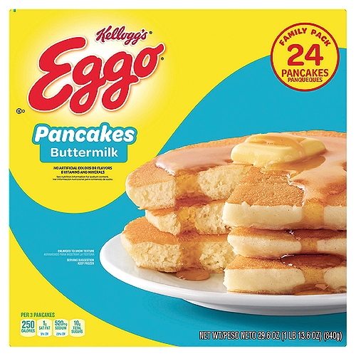 The delicious taste of your favorite Eggo Pancakes made with buttermilk for a classic flavor at breakfast or anytime of the day
Soft, golden, and fluffy, our pancakes are made with delicious ingredients for an irresistible homemade taste
Good source of eight vitamins and minerals; No artificial colors or flavors; Kosher Dairy; Contains wheat, milk, egg, and soy ingredients
Wake up and greet the day with the feel-good taste of Kellogg's Eggo Buttermilk Pancakes. These delicious frozen pancakes pair beautifully with your favorite breakfast sides year-round. Pop these frozen pancakes in the microwave or oven for a soft, fluffy texture and the familiar, inviting flavor of homemade pancakes. These frozen pancakes are made with no artificial colors and flavors; They provide a good source of eight vitamins and minerals (see nutrition information for sodium content). Conveniently packaged and easy to prepare, Kellogg's Eggo Pancakes help bring warmth and smiles to fast-paced, busy mornings. Great for families and individuals alike, these delicious pancakes are made to enjoy as a stand-alone breakfast treat or with your favorite morning toppings such as butter and syrup, jellies and preserves, and whipped cream. So delicious you can't just L'Eggo!