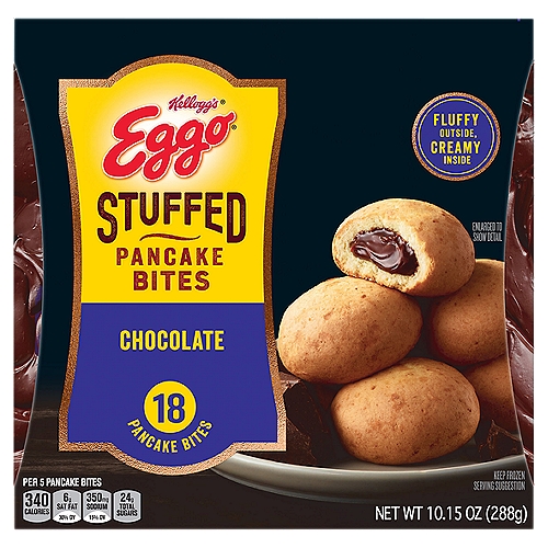 Enjoy the irresistable flavor of your favorite Eggo pancakes in a fun, bite-size shape. Includes 1, 10.15-ounce box containing 18 Kellogg •s Eggo Stuffed Pancake Bites Chocolate for a delectable combination of golden, fluffy Eggo pancake outside and creamy, indulgent chocolate flavor inside. Every batch delivers the homemade taste that adults and kids love, and are just the right size for small hands to pick up; every serving provides a good source of 7 vitamins and minerals (see nutrition information for total fat and saturated fat content). Easy to heat in your microwave, you can serve up the warmth and great taste of Eggo Stuffed Pancake Bites even on your busiest mornings. Or try them as a rewarding treat after school or between meals. They •re delicious on their own, pair well with fresh strawberries, and are ready to dunk in syrup or whipped cream for a fun take on family breakfast. So delicious, no wonder you just can't L'Eggo.