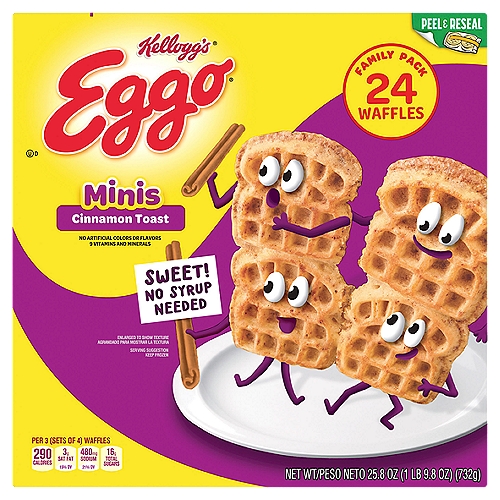 Kellogg's Eggo Mins Cinnamon Toast Waffles Family Pack, 24 count, 25.8 oz
Wake up and greet the day with the feel-good taste of Eggo Minis Cinnamon Toast Waffles. Crafted with delicious ingredients and the taste of cinnamon, our waffles are a perfect balance of crispy, fluffy goodness. Convenient and easy to prepare, Eggo Minis Waffles help bring smiles to fast-paced, busy mornings where getting a bite to eat can be a challenge. Great for families and individuals, these delicious waffles are made to enjoy as a part of a balanced breakfast and pair well with your favorite morning toppings like butter, syrup, jellies, preserves, fruit, chocolate or hazelnut spreads, and whipped cream. With no artificial colors or flavors, our waffles also provide a good source of 9 vitamins and minerals (see nutrition information for sodium content) and are Kosher dairy. Not just for breakfast, Eggo waffles make a warm, comforting after-school snack or late-night treat and are great for making ice-cream sandwiches. They're just so delicious, would you L'Eggo your Eggo?