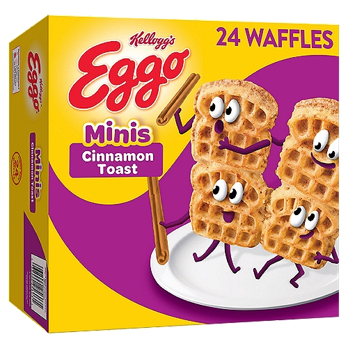 • The unmistakable flavor of your favorite, classic Eggo waffles, with the taste of delicious cinnamon in a fun, easy-to-hold toast shape
• Crisp, golden, and fluffy, Eggo Waffle Minis are made with delicious ingredients and the flavor of cinnamon for an irresistible, homemade taste
• Good source of nine vitamins and minerals; No artificial colors or flavors; Kosher Dairy; Contains wheat, milk, egg, and soy ingredients

Wake up and greet the day with the feel-good taste of Eggo Waffle Minis Cinnamon Toast. Crafted with delicious ingredients and the taste of cinnamon, Eggo Waffle Minis are a perfect balance of crispy, fluffy goodness. Convenient and easy to prepare, these delicious bites help bring smiles to fast-paced, busy mornings. Great for families and individuals, these scrumptious waffles are made to enjoy as a part of a balanced breakfast; They pair well with your favorite morning toppings like butter, syrup, jellies, fruit, chocolate or hazelnut spreads, and whipped cream. With no artificial colors or flavors, our waffles also provide a good source of nine vitamins and minerals. Not just for breakfast, Eggo Waffle Minis make a warm, comforting after-school snack or late-night treat and are great for making ice-cream sandwiches. They're just so delicious, would you L'Eggo your Eggo?