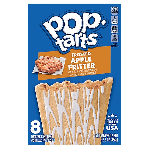 Pop-Tarts Toaster Pastries, Frosted Apple Fritter, 13.5oz Box, 8 Toaster Pastries
Treat everyone to the bakery-inspired taste of Pop-Tarts breakfast toaster pastries. Includes 1, 13.5-ounce box containing 8 Frosted Apple Fritter flavored toaster pastries. Each foil pouch delivers delicious pastry crust, irresistibly sweet frosting, and apple fritter flavored filling. Serve these toaster pastries to your family as a part of a warm breakfast by putting them in your toaster or heating them in the microwave. Pop-Tarts make a great on-the-go snack; stash them in a lunchbox. Pack them for sports games, camping, road trips and running errands. Freeze them for a chilled dessert or enjoy them right out of the pouch. There are so many ways to indulge yourself or others throughout the day. Every time you tear open the iconic foil pouch, you know a crazy good experience awaits.