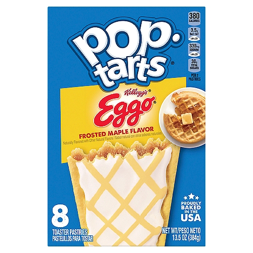 Pop-Tarts Eggo Toaster Pastries, Frosted Maple Flavor, 13.5oz Box, 8 Toaster Pastries
Treat everyone to the feel-good taste of Pop-Tarts Eggo breakfast toaster pastries. Includes 1, 13.5-ounce box containing 8 Frosted Maple flavored toaster pastries. Each foil pouch delivers classic Eggo taste complete with the delicious pastry crust, irresistible frosting, and sweet filling that you know and love. Serve these toaster pastries to your family as a part of a warm breakfast by putting them in your toaster or heating them in the microwave. Pop-Tarts make a great on-the-go snack; stash them in a lunchbox. Pack them for sports games, camping, road trips and running errands. Freeze them for a chilled dessert, dunk them into a glass of cold milk, or enjoy them right out of the pouch. There are so many ways to indulge yourself or others throughout the day. Every time you tear open the iconic foil pouch, you know a crazy good experience awaits.