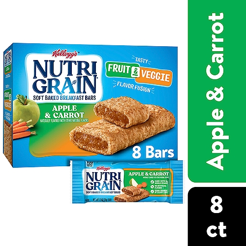 • With delicious fruit and veggie flavor, these portable bars make a convenient addition to any balanced breakfast
• Enjoy a soft baked, chewy crust and a delicious, apple and carrot-flavored filling for feel-good mornings
• Made with 8g of whole grains; A good source of 8 vitamins and minerals; Contains wheat, milk, and soy ingredients

Come prepared for busy mornings with Nutri-Grain. Includes one, 9.8-ounce box containing eight delicious and convenient Nutri-Grain Apple and Carrot Breakfast Bars. They are a great start to any morning and help empower parents and kids to win the day. Made with 8g whole grains and a good source of 8 vitamins and minerals to make parents feel good, these bars are a tasty addition to any balanced breakfast. Grab a pouch for the kids to eat at home in the morning; pack a snack for the bus on the way to school. Nutri-Grain Soft Baked Breakfast Bars not only make a tasty addition to your morning, they're also a great choice when you're packing gift baskets or care packages, the delicious options are endless. With this convenient and perfectly baked bar, savvy parents and kids will feel prepared for whatever the day may bring.