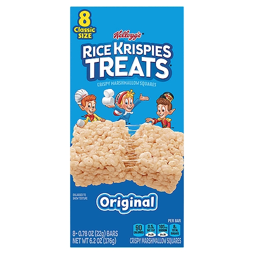 Kellogg's RICE KRISPIES TREATS Original Crispy Marshmallow Squares, 0.78 oz, 8 count
Make snack time a little sweeter with Snap, Crackle, Pop, and the irresistible taste of Rice Krispies Treats Crispy Marshmallow Squares Original, the crispy treat that's sure to satisfy. Each square is made with crispy rice cereal and the taste of soft, gooey marshmallows for a delicious, ready-to-eat treat wherever you go. A classically delicious snack, each package contains one individually wrapped marshmallow bar that's perfect for snacks at school, the office, traveling, lunchtime, at the game and more. Satisfy your sweet craving with the goodness and on-the-go convenience of Kellogg's Rice Krispies Treats Crispy Marshmallow Squares Original.