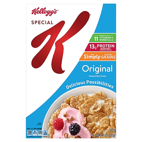 Kellogg's Special K Breakfast Cereal, 11 Vitamins and Minerals, Original, 9.6oz, 1 Box
Do what's delicious with Special K, a wholesome breakfast cereal made from tasty ingredients. Includes 1, 9.6-ounce box containing crisp, toasted rice flakes help you stay on track for the day ahead. Just as nutritious as it is delicious, every bowl provides a good source of 11 vitamins and minerals. It contains folic acid, B Vitamins, and Iron, plus Vitamins A, C, and E as antioxidants women need (beta-carotene (source of vitamin A)) and is made with no artificial colors or flavors; make it an irresistible, low-fat part of your lunch, dinner or late-night snack. Try it as a convenient work day or between-meal treat. Enjoy Special K with dairy or nut-milk. Top it with strawberries, blueberries or bananas. Add it to your favorite yogurt, smoothie, or trail mix recipe. Morning time or any time, Kellogg's Special K cereal is a flavorful choice the whole family can feel good about.