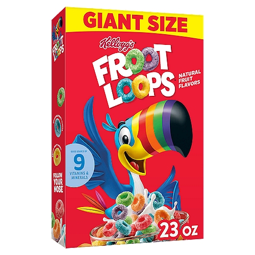 Breakfast cereal bursting with fruity flavor; Delicious for kids and adults
Crispy loops with fruity flavors help bring energy and smiles to busy mornings
Good source of 9 vitamins and minerals per serving; Low fat; Kosher Pareve; Contains wheat
Follow your nose to delicious bursts of fruity flavor in Kellogg's Froot Loops sweetened multi-grain breakfast cereal. Includes 1, 23-ounce box containing vibrant, colorful crunchy O's made with tasty, natural fruit flavors and grains as the first ingredient. It's like a rainbow in every bowl. Fun to eat for adults and kids, this low-fat cereal is a good source of 9 vitamins and minerals per serving. The entire family can enjoy a bowl with milk or a dairy alternative in the morning, afternoon or as a late-night treat; perfect for snacking by the handful at work, at school, in the car, and simply on the go. Add fruity goodness to any lunch box, tote bag or backpack so you always have this sweet cereal treat handy. Any time you want to include a flavorful pick-me-up in your day, reach for a box of Kellogg's Froot Loops cereal.