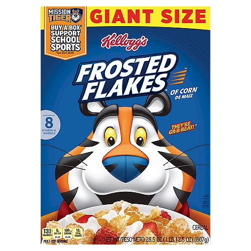 Kellogg's Frosted Flakes Breakfast Cereal, 8 Vitamins and Minerals, Original, 28.5oz, 1 Box
Just like Tony the Tiger, your whole family can get even their busiest days going with Kellogg's Frosted Flakes ready-to-eat breakfast cereal. Includes 1, 28.5-ounce box containing toasty, crunchy corn flakes sprinkled with sweet frosting so that adults and kids experience a tasty and satisfying bowl every time. Each serving of this cereal is fat free and a good source of 8 vitamins and minerals. Plus, there are no artificial colors or flavors; enjoy a bowl of Kellogg's Frosted Flakes with your favorite dairy or nut milk. Eat pawfuls as a snack or late-night bite. Make it a sweet complement to your morning coffee or tea. Crush them up as a crunchy topping for ice cream. Kellogg's Frosted Flakes cereal gives you the sweet spark to go all in and let your GR-R-REAT out.