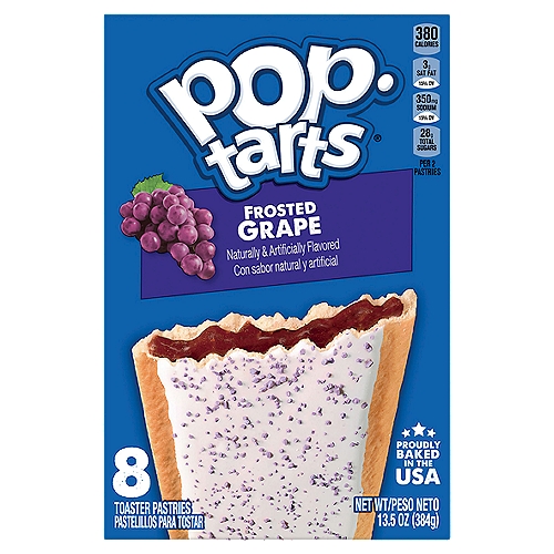 Pop-Tarts Frosted Grape Toaster Pastries, 8 count, 13.5 oz
Treat everyone to the delicious taste of Pop-Tarts breakfast toaster pastries. Includes 1, 13.5-ounce box containing 8 Frosted Grape flavored toaster pastries. Each foil pouch delivers delicious pastry crust, irresistibly sweet frosting, and grape flavored filling. Serve these toaster pastries to your family as a part of a warm breakfast by putting them in your toaster or heating them in the microwave. Pop-Tarts make a great on-the-go snack; stash them in a lunchbox. Pack them for sports games, camping, road trips and running errands. Freeze them for a chilled dessert or enjoy them right out of the pouch. There are so many ways to indulge yourself or others throughout the day. Every time you tear open the iconic foil pouch, you know a crazy good experience awaits.