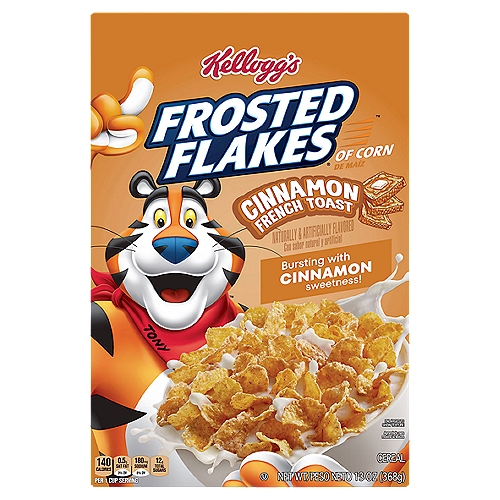 Kellogg's Frosted Flakes Cereal Cinnamon French Toast 13oz
Just like Tony the Tiger, your whole family can get even their busiest days going with Kellogg's Frosted Flakes Cinnamon French Toast ready-to-eat breakfast cereal. Includes 1, 13-ounce box containing toasty, crunchy corn flakes that are bursting with cinnamon sweetness so that adults and kids experience a tasty and satisfying bowl every time. Each serving of this cereal is a good source of 8 vitamins and minerals; enjoy a bowl of Kellogg's Frosted Flakes Cinnamon French Toast with your favorite dairy or nut milk. Eat pawfuls as a snack or late-night bite. Make it a sweet complement to your morning coffee or tea. Crush them up as a crunchy topping for ice cream. Kellogg's Frosted Flakes cereal gives you the sweet spark to go all in and let your GR-R-REAT out.
