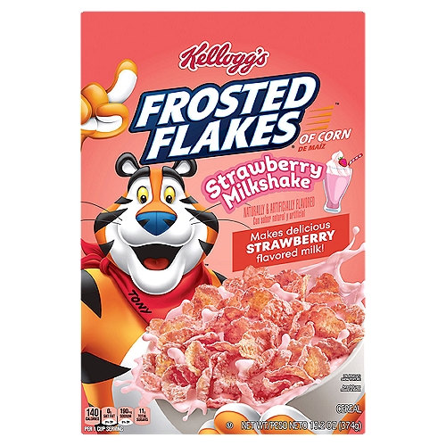Kellogg's Frosted Flakes Cereal Strawberry Milkshake 13.2oz
Just like Tony the Tiger, your whole family can get even their busiest days going with Kellogg's Frosted Flakes Strawberry Milkshake ready-to-eat breakfast cereal. Includes 1, 13.2-ounce box containing toasty, crunchy corn flakes that are bursting with delicious strawberry flavor so that adults and kids experience a tasty and satisfying bowl every time. Each serving of this cereal is a good source of 8 vitamins and minerals; enjoy a bowl of Kellogg's Frosted Flakes Strawberry Milkshake with your favorite dairy or nut milk. Eat pawfuls as a snack or late-night bite. Make it a sweet complement to your morning coffee or tea. Crush them up as a crunchy topping for ice cream. Kellogg's Frosted Flakes cereal gives you the sweet spark to go all in and let your GR-R-REAT out.