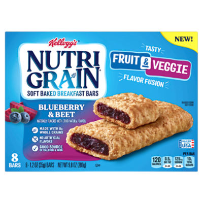 Nutri-Grain Fruit and Veggie Blueberry and Beet Soft Baked Breakfast Bars, 9.8 oz, 8 Count
