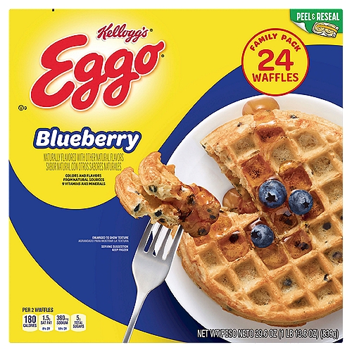 Kellogg's Eggo Blueberry Waffles Family Pack, 24 count, 29.6 oz
Wake up and get your day off to a great start with the feel-good taste of Eggo Blueberry Waffles. Crafted with delicious ingredients and tasty blueberry flavor, our waffles are a perfect balance of crispy, fluffy goodness. Convenient and easy to prepare, Eggo Blueberry Waffles help bring smiles to everyone in the family during fast-paced, busy mornings where getting a bite to eat can be a challenge. Great for families and individuals, these delicious waffles are made to enjoy as part of a balanced breakfast, with your favorite breakfast sides, or your favorite morning toppings like butter, syrup, jellies, preserves, fruit, and whipped cream. With colors and flavors from natural sources, our waffles are Kosher dairy and provide a good source of 9 vitamins and minerals. Eggo waffles are also great for making creative desserts; make an ice cream sandwich for a crowd-pleasing option. They're just so delicious, would you L'Eggo your Eggo?