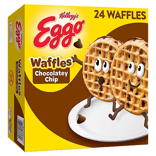 The familiar flavor of your favorite classic Eggo waffles with the taste of chocolatey chips in every bite
Crisp, golden, and fluffy, our waffles are made with delicious ingredients and a chocolatey flavor for an irresistible, homemade taste
Good source of 9 vitamins and minerals; No artificial colors or flavors; Contains wheat, egg, soy, and milk ingredients; Kosher Dairy
Wake up and greet the day with the feel-good taste of Eggo Chocolatey Chip Waffles. Includes one, 29.6-ounce box containing 24 waffles. Crafted with delicious ingredients and a fantastic chocolatey flavor, our waffles are a perfect balance of crispy, fluffy goodness. Convenient and easy to prepare, Eggo Chocolatey Chip Waffles bring warmth to busy mornings. Great for families and individuals, these delicious waffles are made to enjoy as a part of a balanced breakfast; and they pair well with your favorite morning toppings like butter, syrup, jellies, preserves, fruit, chocolate or hazelnut spreads, and whipped cream. With no artificial colors or flavors, our waffles also provide a good source of 9 vitamins and minerals and are Kosher dairy. Not just for breakfast, Eggo waffles make a warm, comforting after-school snack or late-night treat and are great for making ice-cream sandwiches. They're just so delicious, would you L'Eggo your Eggo?