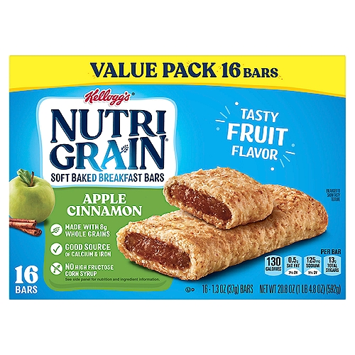 Kellogg's NUTRI GRAIN Apple Cinnamon Soft Baked Breakfast Bars Value Pack, 1.3 oz, 16 count
Come prepared for busy mornings with Nutri-Grain Soft Baked Apple Cinnamon Breakfast Bars. These delicious and convenient apple cinnamon flavored bars are a great start to any morning and help empower parents and kids to win the day. With tasty fruit flavor that kids will love, 8g of whole grains, and a good source of 8 vitamins and minerals, these bars are a balanced addition to any breakfast. Grab a pouch for the kids to eat at home in the morning; pack a snack for the bus on the way to school. Nutri-Grain Soft Baked Breakfast Bars not only make a tasty addition to your morning, they're also a great choice when you're packing gift baskets or care packages; the delicious options are endless. With this convenient and perfectly baked bar, savvy parents and kids will feel prepared for whatever the day may bring.
