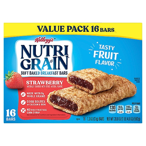 Kellogg's NUTRI GRAIN Strawberry Soft Baked Breakfast Bars Value Pack, 1.3 oz, 16 count
Come prepared for busy mornings with Nutri-Grain Soft Baked Strawberry Breakfast Bars. These delicious and convenient strawberry flavored bars are a great start to any morning and help empower parents and kids to win the day. With tasty fruit flavor that kids will love, 8g of whole grains, and a good source of 8 vitamins and minerals, these bars are a balanced addition to any breakfast. Grab a pouch for the kids to eat at home in the morning; pack a snack for the bus on the way to school. Nutri-Grain Soft Baked Breakfast Bars not only make a tasty addition to your morning, they're also a great choice when you're packing gift baskets or care packages; the delicious options are endless. With this convenient and perfectly baked bar, savvy parents and kids will feel prepared for whatever the day may bring.