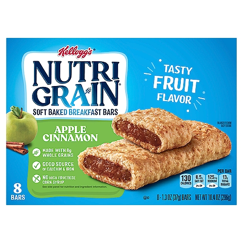 Kellogg's NUTRI GRAIN Apple Cinnamon Soft Baked Breakfast Bars, 1.3 oz, 8 count
Come prepared for busy mornings with Nutri-Grain Soft Baked Apple Cinnamon Breakfast Bars. These delicious and convenient apple cinnamon flavored bars are a great start to any morning and help empower parents and kids to win the day. With tasty fruit flavor that kids will love, 8g of whole grains, and a good source of 8 vitamins and minerals, these bars are a balanced addition to any breakfast. Grab a pouch for the kids to eat at home in the morning; pack a snack for the bus on the way to school. Nutri-Grain Soft Baked Breakfast Bars not only make a tasty addition to your morning, they're also a great choice when you're packing gift baskets or care packages; the delicious options are endless. With this convenient and perfectly baked bar, savvy parents and kids will feel prepared for whatever the day may bring.