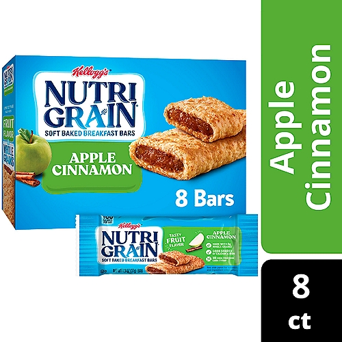 • With whole grains and tasty apple cinnamon flavor, these bars make a convenient addition to any balanced breakfast
• Enjoy a soft baked, chewy crust and a fruit-flavored filling for feel-good mornings
• Made with 8g of whole grains; A good source of 8 vitamins and minerals; Contains wheat, milk, and soy ingredients

Come prepared for busy mornings with Nutri-Grain. Includes one, 10.4-ounce box containing eight Nutri-Grain Apple Cinnamon Breakfast Bars. These delicious and convenient apple cinnamon-flavored bars are a great start to any morning and help empower parents and kids to win the day. With tasty fruit flavor that kids will love, 8g of whole grains, and a good source of 8 vitamins and minerals, these bars are a balanced addition to any breakfast. Grab a pouch for the kids to eat at home in the morning; pack a snack for the bus on the way to school. Nutri-Grain Soft Baked Breakfast Bars not only make a tasty addition to your morning, they're also a great choice when you're packing gift baskets or care packages; the delicious options are endless. With this convenient and perfectly baked bar, savvy parents and kids will feel prepared for whatever the day may bring.