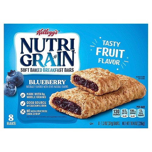 Kellogg's NUTRI GRAIN Blueberry Soft Baked Breakfast Bars, 1.3 oz, 8 count
Come prepared for busy mornings with Nutri-Grain Soft Baked Blueberry Breakfast Bars. These delicious and convenient blueberry flavored bars are a great start to any morning and help empower parents and kids to win the day. With tasty fruit flavor that kids will love, 8g of whole grains, and a good source of 8 vitamins and minerals, these bars are a balanced addition to any breakfast. Grab a pouch for the kids to eat at home in the morning; pack a snack for the bus on the way to school. Nutri-Grain Soft Baked Breakfast Bars not only make a tasty addition to your morning, they're also a great choice when you're packing gift baskets or care packages; the delicious options are endless. With this convenient and perfectly baked bar, savvy parents and kids will feel prepared for whatever the day may bring.