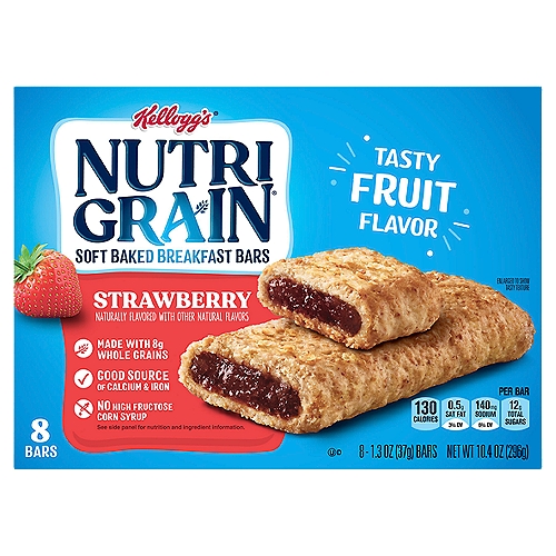 Kellogg's NUTRI GRAIN Strawberry Soft Baked Breakfast Bars, 1.3 oz, 8 count
Come prepared for busy mornings with Nutri-Grain Soft Baked Strawberry Breakfast Bars. These delicious and convenient strawberry flavored bars are a great start to any morning and help empower parents and kids to win the day. With tasty fruit flavor that kids will love, 8g of whole grains, and a good source of 8 vitamins and minerals, these bars are a balanced addition to any breakfast. Grab a pouch for the kids to eat at home in the morning; pack a snack for the bus on the way to school. Nutri-Grain Soft Baked Breakfast Bars not only make a tasty addition to your morning, they're also a great choice when you're packing gift baskets or care packages; the delicious options are endless. With this convenient and perfectly baked bar, savvy parents and kids will feel prepared for whatever the day may bring.