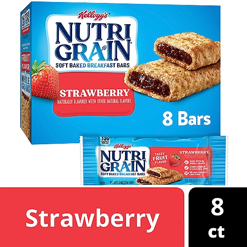 • With whole grains and tasty strawberry flavor, these bars make a convenient addition to any balanced breakfast
• Enjoy a soft baked, chewy crust and a fruit-flavored filling for feel-good mornings
• Made with 8g of whole grains; A good source of 8 vitamins and minerals; Contains wheat, milk, and soy ingredients

Come prepared for busy mornings with Nutri-Grain. Includes one, 10.4-ounce box containing eight Nutri-Grain Strawberry Breakfast Bars. These delicious and convenient strawberry-flavored bars are a great start to any morning and help empower parents and kids to win the day. With tasty fruit flavor that kids will love, 8g of whole grains, and a good source of 8 vitamins and minerals, these bars are a balanced addition to any breakfast. Grab a pouch for the kids to eat at home in the morning; pack a snack for the bus on the way to school. Nutri-Grain Soft Baked Breakfast Bars not only make a tasty addition to your morning, they're also a great choice when you're packing gift baskets or care packages; the delicious options are endless. With this convenient and perfectly baked bar, savvy parents and kids will feel prepared for whatever the day may bring.