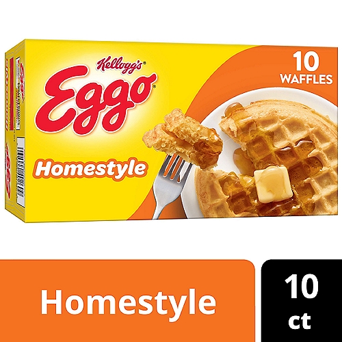10 count.
Wake up and greet the day with the feel-good taste of Kellogg's Eggo Homestyle Waffles. Now crispier and fluffier, our Eggo Homestyle Waffles are crafted with delicious ingredients. Pop these frozen waffles in the toaster or oven for a delightfully crisp texture and the familiar, inviting taste of homemade waffles. These tasty frozen waffles are made with pantry-perfect staples and every serving provides a good source of 9 vitamins and minerals. Conveniently packaged and easy to prepare, Kellogg's Eggo Homestyle Waffles help bring warmth and smiles to fast-paced, busy mornings where getting a bite to eat may otherwise be a challenge. Great for families and individuals alike, these delicious waffles are made to enjoy as part of a delicious breakfast. Try them with your favorite morning toppings such as butter and syrup, jellies and jam, peanut butter, hazelnut spread, fresh fruit, berries, whipped cream, and more. They’re just so delicious, would you L’Eggo your Eggo?