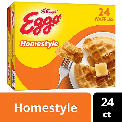 Kellogg's Eggo Homestyle Waffles Family Pack, 24 count, 29.6 oz
Wake up and greet the day with the feel-good taste of Kellogg's Eggo Homestyle Waffles. Crafted with delicious ingredients and cooked on griddles and irons just like in the home kitchen, our waffles are a perfect balance of crispy, fluffy goodness. Pop these frozen waffles in the toaster or oven for a delightfully crisp texture and the familiar, inviting taste of homemade waffles. These satisfying frozen waffles are made with pantry-perfect staples and every serving provides a good source of 9 essential vitamins and minerals. Conveniently packaged and easy to prepare, Kellogg's Eggo Homestyle Waffles help bring warmth and smiles to fast-paced, busy mornings where getting a bite to eat may otherwise be a challenge. Great for families and individuals alike, these delicious waffles are made to enjoy as a stand-alone breakfast treat or with your favorite morning toppings such as butter and syrup, jellies and preserves, and whipped cream. So delicious you can't just L'Eggo!