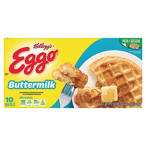 Wake up and greet the day with the feel-good taste of Eggo Homestyle Waffles. Crafted with delicious ingredients and cooked on griddles and irons just like in the home kitchen, our waffles are a perfect balance of crispy, fluffy goodness. Convenient and easy to prepare, Eggo Homestyle Waffles bring warmth to busy mornings. Great for families and individuals, these delicious waffles are made to enjoy as a standalone breakfast treat or with your favorite morning toppings like butter and syrup, jellies and preserves, and whipped cream. Thinking of taking a turn for the savory? Go ahead and try them with fried chicken, bacon, or sausage, or combine for a delicious waffle sandwich. With colors and flavors from natural sources, our waffles also provide a good source of 9 vitamins and minerals. So delicious you can't just L'Eggo!