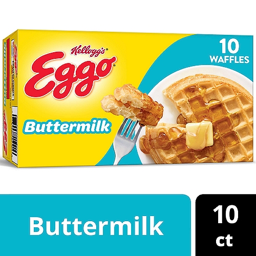• Delicious frozen waffles with a smooth buttermilk flavor and the classic Eggo shape for a tasty part of breakfast or any time of the day
• Crisp, golden, and delightfully fluffy, these rich waffles are made with pantry-perfect ingredients for an irresistible buttermilk taste
• Good source of nine vitamins and minerals; No artificial colors or flavors; Kosher Dairy; Contains wheat, egg, milk, and soy ingredients

Wake up and greet the day with the feel-good taste of Kellogg's Eggo Buttermilk waffles. Deliciously crispy and fluffy, our Eggo waffles are crafted with delicious ingredients for a quick and easy breakfast. Pop these frozen waffles in the toaster or oven for a delightfully crisp texture and the familiar, inviting taste of buttermilk waffles. These tasty frozen waffles are made with pantry-perfect staples; Every serving provides a good source of nine vitamins and minerals. Conveniently packaged and easy to prepare, Kellogg's Eggo Buttermilk waffles help bring warmth and smiles to fast-paced, busy mornings. Great for families and individuals alike, these delicious, rich waffles are made to enjoy as part of a delicious breakfast. Try them with your favorite morning toppings such as butter and syrup, jellies and jam, peanut butter, hazelnut spread, fresh fruit, berries, whipped cream, and powdered sugar. They're just so delicious, would you L'Eggo your Eggo?