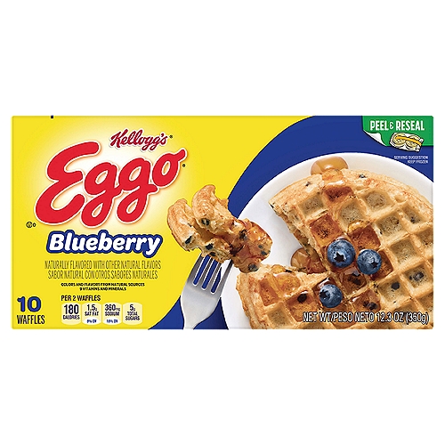 Kellogg's Eggo Blueberry Waffles, 10 count, 12.3 oz
Wake up and greet the day with the feel-good taste of Eggo Blueberry Waffles. Crafted with delicious ingredients and the perfect amount of yummy blueberry flavor, our waffles are a perfect balance of crispy, fluffy goodness. Convenient and easy to prepare, Eggo Blueberry Waffles bring warmth to busy mornings. Great for families and individuals, these delicious waffles are made to enjoy as a stand-alone breakfast treat or with your favorite morning toppings like butter and syrup, jellies and preserves, and whipped cream. With colors and flavors from natural sources, our waffles also provide a good source of 9 vitamins and minerals. So delicious you can't just L'Eggo!