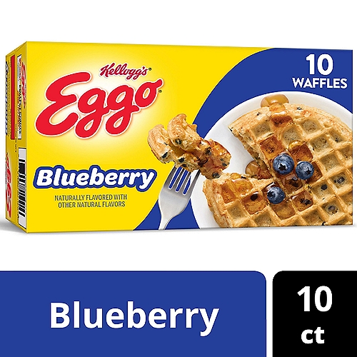 • The yummy taste of your favorite classic Eggo Waffle with a sweet blueberry flavor in every bite
• Crisp, golden, and fluffy, our waffles are made with delicious ingredients and the flavor of blueberries for an irresistible, homemade taste
• Good source of nine vitamins and minerals; Colors and flavors from natural sources; Kosher Dairy; Contains wheat, milk, egg, and soy ingredients

Wake up and greet the day with the feel-good taste of Eggo Blueberry Waffles. Crafted with delicious ingredients and the flavor of tasty blueberries, our waffles are a perfect balance of crispy, fluffy goodness. Convenient and easy to prepare, Eggo Blueberry Waffles bring warmth to busy mornings. Great for families and individuals, these delicious waffles are made to enjoy as a stand-alone breakfast treat; Try them with your favorite morning toppings like butter and syrup, jellies and preserves, and whipped cream. With colors and flavors derived from natural sources, our waffles also provide a good source of nine vitamins and minerals. Not just for breakfast, Eggo Blueberry Waffles can be enjoyed for snack time at home, as an afterschool snack, or late-night treat. So delicious you just can't L'Eggo!
