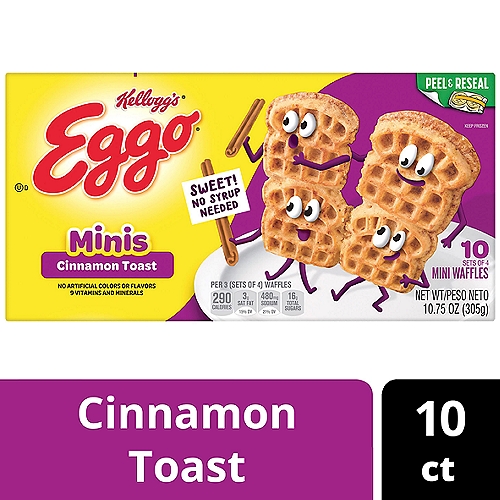 Kellogg's Eggo Minis Cinnamon Toast Waffles, 10 count, 10.75 oz
Wake up and greet the day with the feel-good taste of Eggo Nutri-Grain Waffles - scrumptious frozen waffles that pair beautifully with your favorite breakfast sides year-round. Kellogg's Eggo Nutri-Grain Waffles are crafted with delicious ingredients and 8 grams of whole grain in the original Eggo shape. Pop these frozen waffles in the toaster or oven for a crispy, fluffy texture and the familiar, inviting flavor of homemade waffles. These satisfying frozen waffles are made with colors and flavors from natural sources and provide a good source of 9 essential vitamins and minerals. Conveniently packaged and easy to prepare, Eggo Nutri-Grain Waffles help bring warmth and smiles to fast-paced, busy mornings where getting a bite to eat may otherwise be a challenge. Great for families and individuals alike, these delicious waffles are made to enjoy as a stand-alone breakfast treat or with your favorite morning toppings such as butter and syrup, jellies and preserves, and whipped cream. So delicious you can't just L'Eggo!