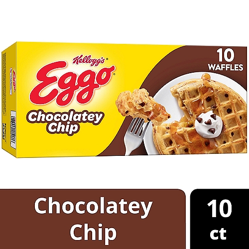 • The familiar flavor of your favorite classic Eggo waffles with the taste of chocolatey chips in every bite
• Crisp, golden, and fluffy, our waffles are made with delicious ingredients and a chocolatey flavor for an irresistible, homemade taste
• Good source of 9 vitamins and minerals; No artificial colors or flavors; Contains wheat, egg, soy, and milk ingredients; Kosher Dairy

Wake up and greet the day with the feel-good taste of Eggo Chocolatey Chip Waffles. Includes one, 12.3-ounce box containing 10 waffles. Crafted with delicious ingredients and a fantastic chocolatey flavor, our waffles are a perfect balance of crispy, fluffy goodness. Convenient and easy to prepare, Eggo Chocolatey Chip Waffles bring warmth to busy mornings. Great for families and individuals, these delicious waffles are made to enjoy as a part of a balanced breakfast; and they pair well with your favorite morning toppings like butter, syrup, jellies, preserves, fruit, chocolate or hazelnut spreads, and whipped cream. With no artificial colors or flavors, our waffles also provide a good source of 9 vitamins and minerals and are Kosher dairy. Not just for breakfast, Eggo waffles make a warm, comforting after-school snack or late-night treat and are great for making ice-cream sandwiches. They're just so delicious, would you L'Eggo your Eggo?