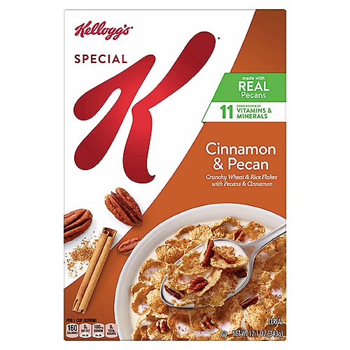 Kellogg's Special K Cinnamon & Pecan Cereal, 12.1 oz
Do what's delicious with Special K Cinnamon and Pecan, a wholesome whole grain breakfast cereal made from tasty ingredients. Crisp wheat and rice flakes paired with cinnamon and crunchy pecans help you stay on track for the day ahead. Nutritious and delicious, every bowl is a good source of 11 vitamins and minerals. Made with fiber (contains 2.5g total fat per serving), B vitamins and iron, plus Vitamins A, C, and E as antioxidants women need (beta-carotene (source of vitamin A)); no artificial colors or flavors. Make it a delectable, low-fat part of your lunch, dinner or late-night snack. Try it as a convenient work day or between-meal treat. Enjoy Special K with dairy or nut-milk. Add it to your favorite yogurt, smoothie, or trail mix recipe. Morning time or any time, Kellogg's Special K Cinnamon Pecan cereal is a flavorful choice the whole family can feel good about.