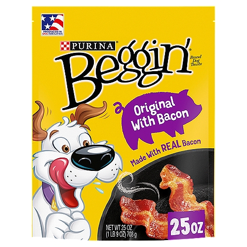 Purina Beggin' Strips Real Meat Dog Treats, Original With Bacon - 25 oz. Pouch
Get your dog dancing with joy for the strip that started it all when you hand over Purina Beggin' Strips Original With Bacon adult dog treats. Our irresistible Beggin' bacon flavor treats feature real meat as the number 1 ingredient and offer the tantalizing taste of real bacon that'll make all your pal's doggie dreams come true. He's sure to go hog wild at the first sniff of sizzlin' bacony goodness, and you can feel good giving him a mouthwatering treat made without any artificial flavors or FDandC colors. Toss him a Beggin' Strip dog treat for a snack between meals, or tear these chewy strips into smaller pieces for the ultimate yummy reward. With the look and taste of real bacon, these flavored strips for dogs get tails wagging and tongues lolling just like Hamlet, Beggin's bacon-loving mascot. Open up a dog treat pouch and listen for the sound of running paws. The rich aroma calls out to your dog with the promise of tail-wagging flavor he just can't resist.
