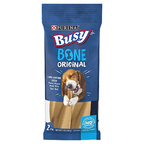Purina Busy Made in USA Facilities Small/Medium Dog Bones, Original - 2 ct. Pouch
Give your dog Purina Busy Bone small/medium adult dog chew treats, and watch him get swept up in the long-lasting fun. He loves having busy work to do, and each of these chew bones lets you give him a job with a tasty, meaty reward made with real pork in the middle. Let him while away the time working his way through the dual layers of the delicious treat, keeping him occupied and you happy that he's getting a fun treat made with high-quality ingredients and no FDandC colors. Purina Busy Bone chews contain no rawhide. Made for small- to medium-sized dogs 13 pounds and over, each one of these Busy Bone chew bones for adult dogs helps to engage his natural desire to chew in a positive and exciting way while helping clean his teeth. This original Purina Busy Bone small/medium adult dog chew treat provides a long-lasting exterior that's perfect for chewing when you're too busy to play.