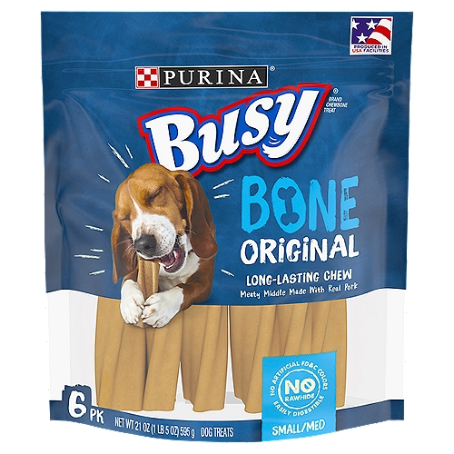 Purina Busy Made in USA Facilities Small/Medium Dog Bones, Original - 6 ct. Pouch
Give your dog Purina Busy Bone small/medium adult dog chew treats, and watch him get swept up in the long-lasting fun. He loves having busy work to do, and each of these chew bones lets you give him a job with a tasty, meaty reward made with real pork in the middle. Let him while away the time working his way through the dual layers of the delicious treat, keeping him occupied and you happy that he's getting a fun treat made with high-quality ingredients and no FDandC colors. Purina Busy Bone chews contain no rawhide. Made for small- to medium-sized dogs 13 pounds and over, each one of these Busy Bone chew bones for adult dogs helps to engage his natural desire to chew in a positive and exciting way while helping clean his teeth. This original Purina Busy Bone small/medium adult dog chew treat provides a long-lasting exterior that's perfect for chewing when you're too busy to play.