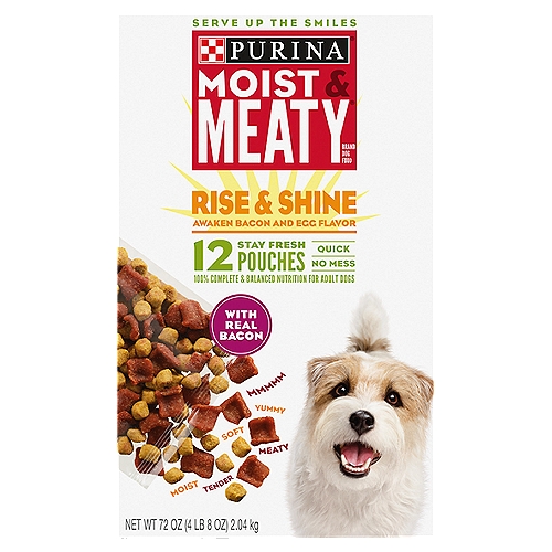 Purina Moist & Meaty Rise & Shine Awaken Bacon and Egg Flavor Dog Food, 12 count, 72 oznEvery day is an adventure just waiting to happen. Moist & Meaty knows about adventure: mealtime adventure. We know that it's about freedom, variety and the kind of excitement that gives you the urge to chase a tail, even if you know you'll never actually catch it. So pop open a pouch of Moist & Meaty, and go turn the day into a story.