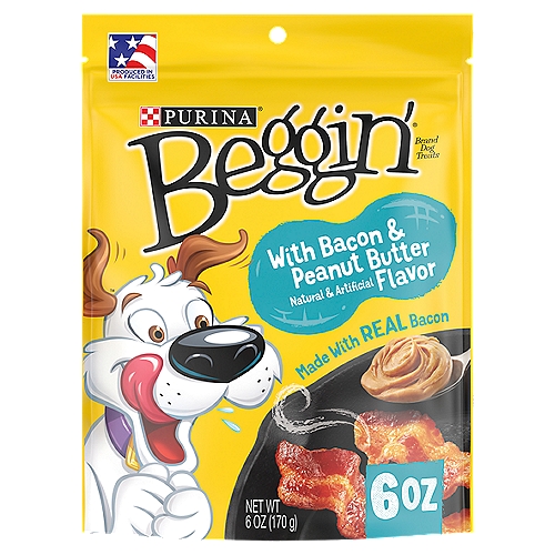 Purina Beggin' Strips Real Meat Dog Treats, With Bacon & Peanut Butter Flavor - 6 oz. Pouch
Tempt your bacon-craving buddy with a wallop of dog-approved flavor when you give him Purina Beggin' Strips With Bacon and Peanut Butter Flavor adult dog treats. Real bacon along with natural and artificial peanut butter flavor delivers a one-two punch of delicious taste, while the sizzlin' aroma gets his ears perking and his nose twitching every time you open the dog treat pouch. Just watch his tail start wagging in anticipation of the Beggin' bacon flavor, and feel good about giving him a bacon and peanut butter flavor treat that's crafted by a brand you trust. Let him chow down on a whole Purina bacon strip at playtime each day, or tear a strip into smaller bites for an irresistible training reward that has him rolling over with happiness. The soft, tender texture of these bacon and peanut butter flavored dog treats gives him something to sink his teeth into, and every strip is made without artificial FDandC colors to make you happy, too. Offer up more of the meaty goodness your dog craves when you toss him one of these Purina Beggin' dog treats, and let him know he's your best buddy with every mouth-wateringly bacony bite.