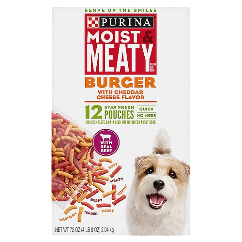 Purina Moist & Meaty Dry Dog Food, Burger with Cheddar Cheese Flavor - 12 ct. Pouch
Purina Moist & Meaty Burger With Cheddar Cheese Flavor is formulated to meet the nutritional levels established by the AAFCO Dog Food Nutrient Profiles for maintenance of adult dogs.

Every day is an adventure just waiting to happen. Moist & Meaty knows about adventure: mealtime adventure. We know that it's about freedom, variety and the kind of excitement that gives you the urge to chase a tail--even if you know you'll never actually catch it. So pop open a pouch of Moist & Meaty, and go turn the day into a story.