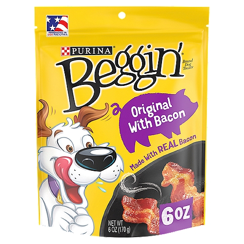 Purina Beggin' Strips Real Meat Dog Treats, Original With Bacon - 6 oz. Pouch
Get your dog dancing with joy for the strip that started it all when you hand over Purina Beggin' Strips Original With Bacon adult dog treats. Our irresistible Beggin' bacon flavor treats feature real meat as the number 1 ingredient and offer the tantalizing taste of real bacon that'll make all your pal's doggie dreams come true. He's sure to go hog wild at the first sniff of sizzlin' bacony goodness, and you can feel good giving him a mouthwatering treat made without any artificial flavors or FDandC colors. Toss him a Beggin' Strip dog treat for a snack between meals, or tear these chewy strips into smaller pieces for the ultimate yummy reward. With the look and taste of real bacon, these flavored strips for dogs get tails wagging and tongues lolling just like Hamlet, Beggin's bacon-loving mascot. Open up a dog treat pouch and listen for the sound of running paws. The rich aroma calls out to your dog with the promise of tail-wagging flavor he just can't resist.