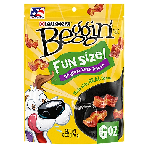 Purina Beggin' Real Meat Dog Treats, Fun Size Original With Bacon - 6 oz. Pouch
Dial the fun up to 10 when you reward your dog with Purina Beggin' Fun Size Bacon Flavor adult dog treats. These scrumptious Purina dog treats feature real meat as the number 1 ingredient, and every little bite is made with real bacon for a beg-worthy snack he drools over. Each sizzlingly savory piece will make him think he's getting his own strip of human bacon and is perfectly sized for your pal's mouth, giving him small, soft dog treats he can joyously sink his teeth into. Big dogs love them too, so you can share these treats with your whole canine pack. Open a pouch, let the irresistible aroma fill the air, and then stand back. Your bacon-crazed dog might not be able to control the meat-inspired frenzy that ensues when he gets a whiff of the meaty goodness. Beggin' strips dog treats are shaped to look like real bacon, and when you pair that with the mouthwatering taste, it's no wonder dogs don't know it's not bacon! With no artificial flavors, our dog chew treats let you feel good about indulging your dog every day with the bacony taste that drives him bonkers. Take it from Hamlet, the official Beggin' dog — you can make the special moments you share with your canine companion even more fun-tastic when you offer him one of these Purina Beggin' Fun Size small dog treats.